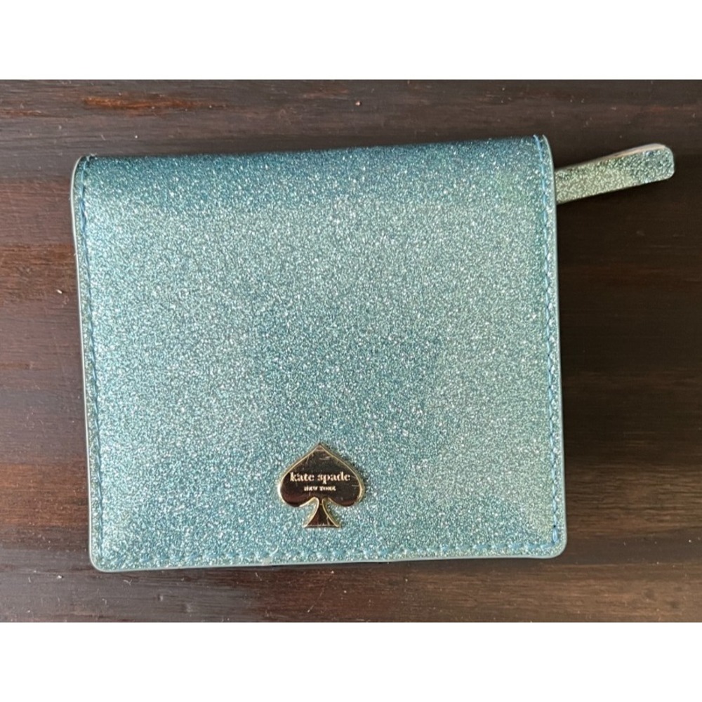 Kate Spade Mint Ice Blue Glitter Small Slim Bifold Wallet ID Window NWOT
